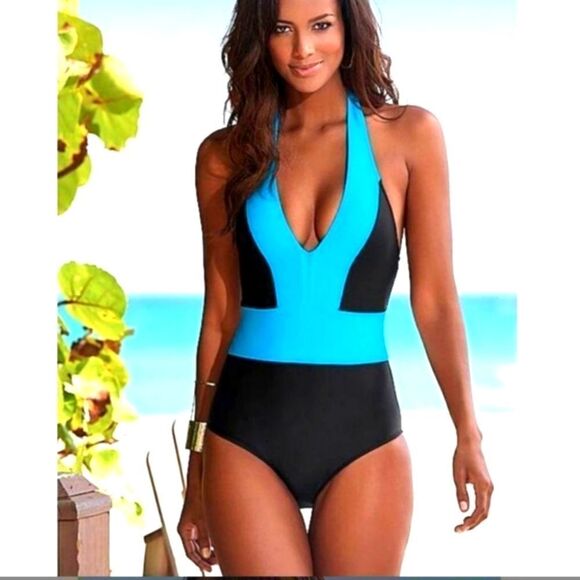 T&J‎ DESIGNS Swimsuit One Piece Halter Color Block Blk & Turquoise Variou… - Picture 1 of 6